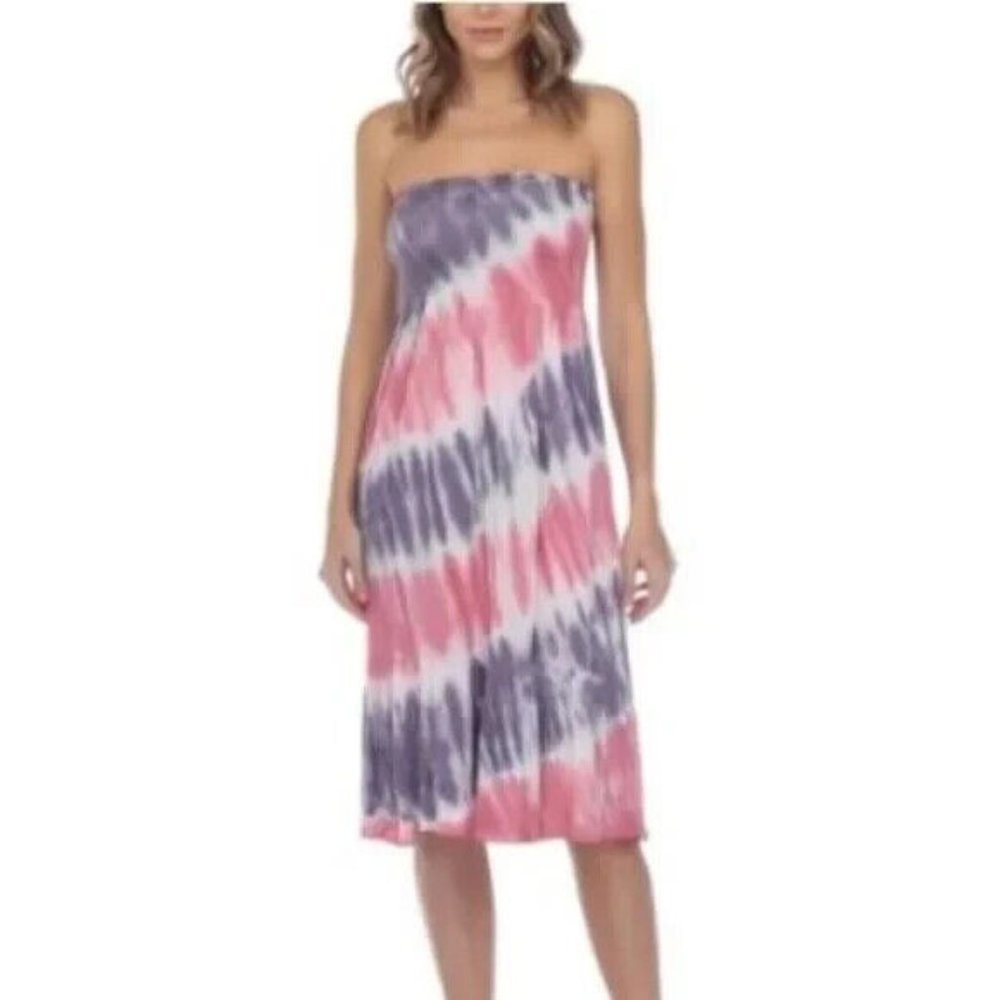 Raviya Tube Dress Cover-Up Tie Dye Ruffle Smocked Pink Purple M